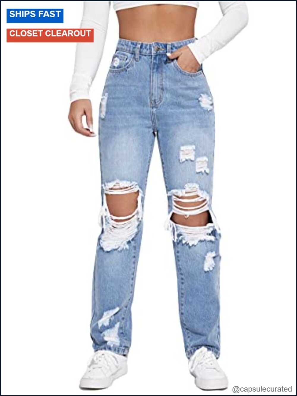 High Waisted Ripped Straight Leg Jeans with Cut Out Button Detail